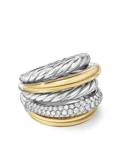 David Yurman 18kt Yellow Gold And Sterling Silver Bold Mercer Diamond Stacked Ring