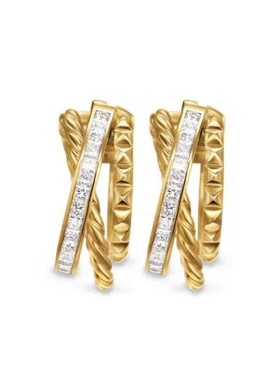 David Yurman 18kt Yellow Gold Crossover Multi Row Diamond Hoop Earrings