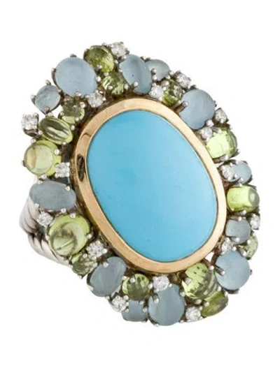 Pre-owned David Yurman 8.65ct Turquoise, Chalcedony, Peridot & Diamond Mustique Cocktail Ring In Multicolor