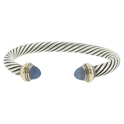 Pre-owned David Yurman 925 Silver & 14k Gold Blue Chalcedony Cable Bangle Bracelet S 6.5"