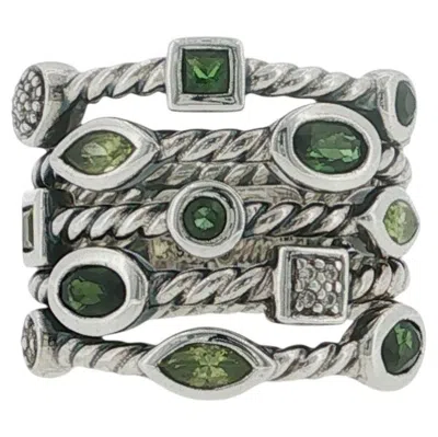 Pre-owned David Yurman 925 Silver Confetti Peridot & Green Tourmaline Diamond Cable Ring