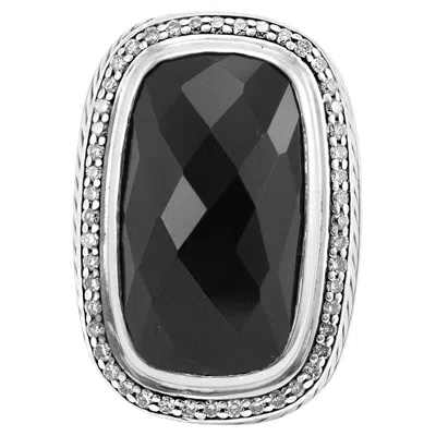 Pre-owned David Yurman 925 Sterling Silver Onyx Halo Diamond Albion Cocktail Ring In Black