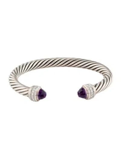 Pre-owned David Yurman Amethyst & Diamond Cable Classic Cuff Bracelet, 6.75" In Multi