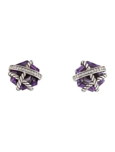 Pre-owned David Yurman Amethyst & Diamond Cable Wrap Stud Earrings In Multi