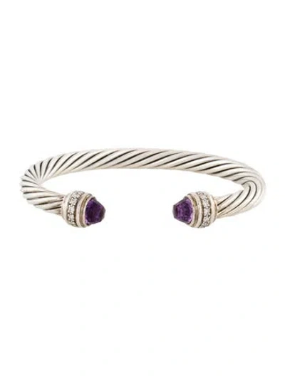 Pre-owned David Yurman Amethyst & Diamond Classic Cable Bracelet, 7" In Multicolor
