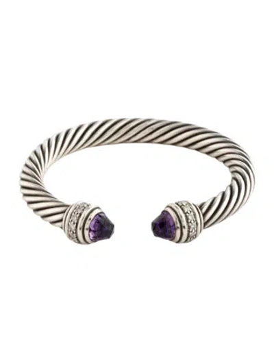 Pre-owned David Yurman Amethyst & Diamond Classic Cable Cuff Bracelet, 6.25" In Multicolor