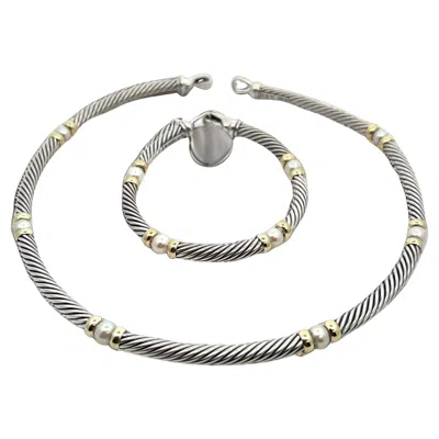 Pre-owned David Yurman Authentic Estate Pearl Necklace 17" + Bracelet Set 7.5" Silver Gold In Multi