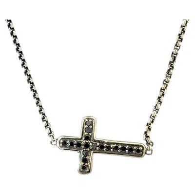 Pre-owned David Yurman Black Diamond Cross Pendant With 16" Chain Sterling Silver Estate