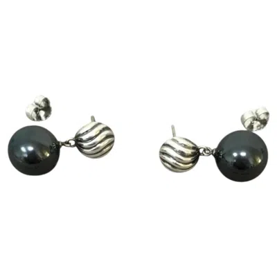 Pre-owned David Yurman Black Onyx And Sterling Silver Carved Ball Drop Earrings