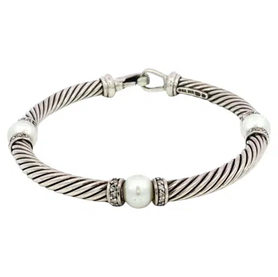 Pre-owned David Yurman Cable Bracelet Diamonds Cultured Pearls Sterling Silver In Multiple