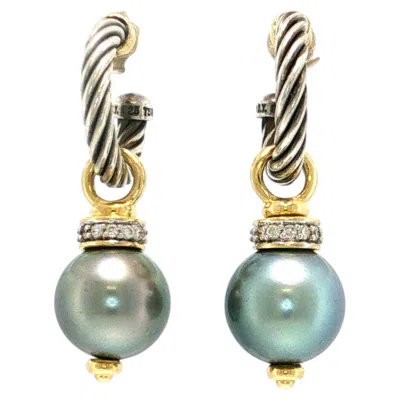 Pre-owned David Yurman Cable Diamond Tahitian Pearl 18k Gold Sterling Silver Drop Earrings In Multi