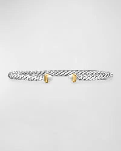 David Yurman Cable Flex Bracelet With Gemstone In Silver And 14k Gold, 4mm In Pearl