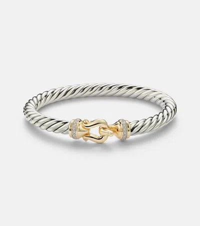 David Yurman Cable Flex Buckle Sterling Silver And 14kt Gold Bracelet With Diamonds In Metallic