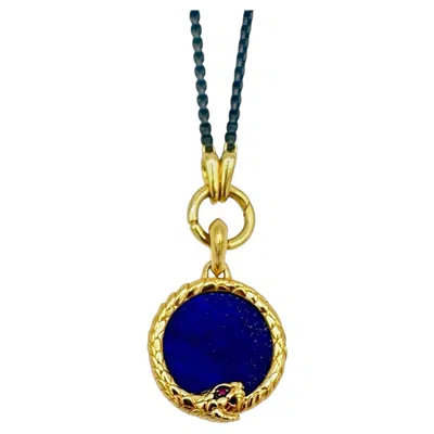 Pre-owned David Yurman Cairo Ouroboros Amulet 18k Yellow Gold W/ Lapis And Ruby W/ Chain