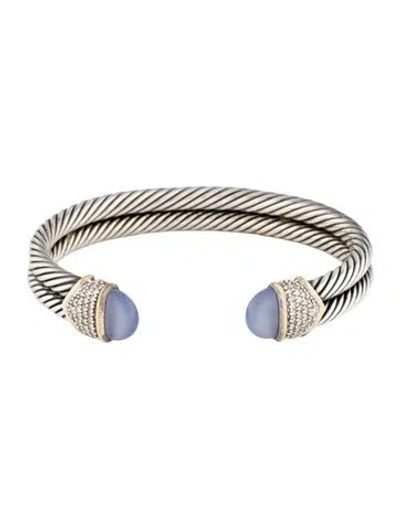 Pre-owned David Yurman Chalcedony & Diamond Double Cable Cuff Bracelet, 7" In Multi