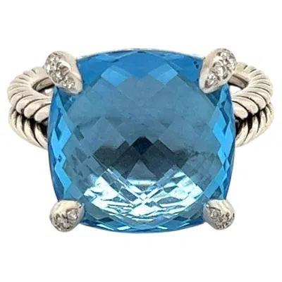 Pre-owned David Yurman Chatelaine 14mm Blue Topaz Diamond Sterling Silver Ring Size 7