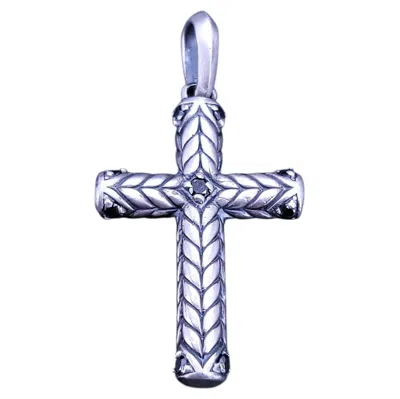 Pre-owned David Yurman Chevron Sculpted Cross Pendant Sterling Silver With Black Diamonds