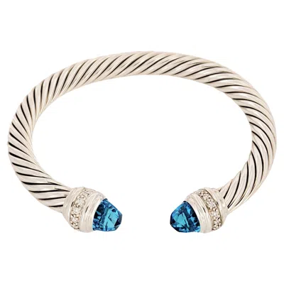 Pre-owned David Yurman Classic Cable Bracelet Sterling Silver With Blue Topaz And Diamonds, 7mm