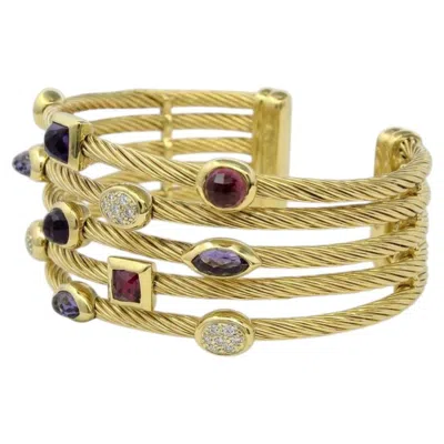 Pre-owned David Yurman Confetti Multi-gemstone And Diamond 18k Yellow Gold Cuff Bracelet