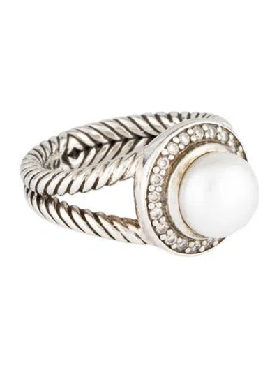 Pre-owned David Yurman Cultured Pearl & Diamond Petite Cerise Ring In Multicolor
