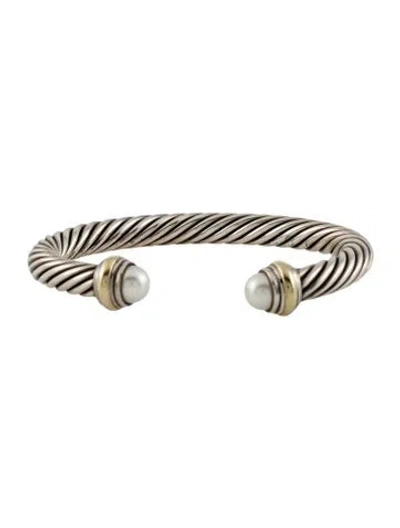 Pre-owned David Yurman Cultured Pearl Cable Cuff Bracelet, 6.5" In Multi