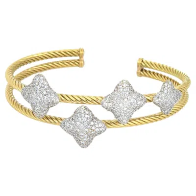 Pre-owned David Yurman Diamond 18k Two Tone Gold Quatrefoil Double Cable Cuff Bracelet In Multiple