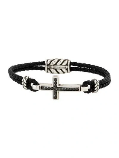 Pre-owned David Yurman Diamond & Leather Cross Bracelet, 7.25" In Multi