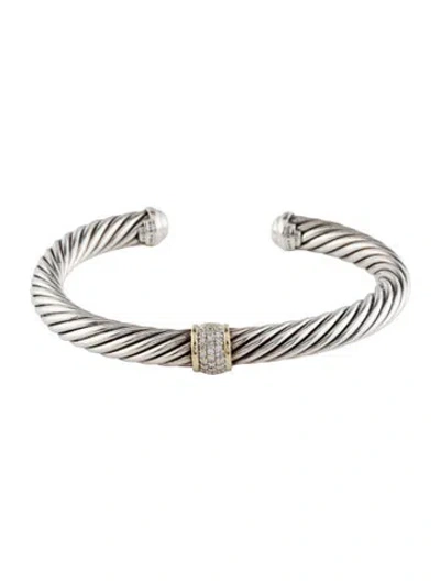 Pre-owned David Yurman Diamond Classic Cable Station Bracelet, 7" In Multi