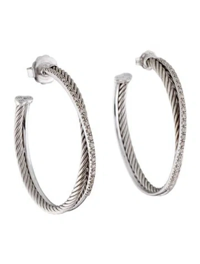 Pre-owned David Yurman Diamond Crossover Hoop Earrings In Multi
