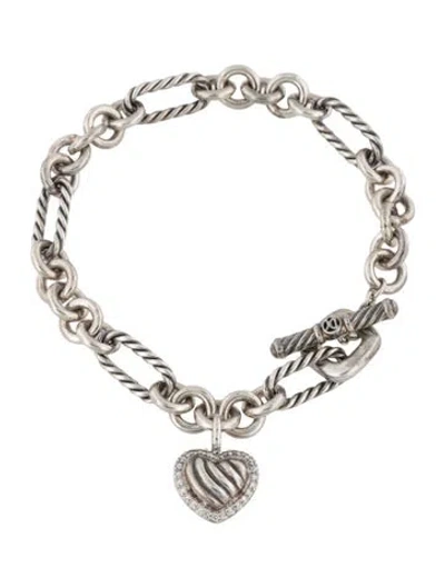 Pre-owned David Yurman Diamond Heart Charm Figaro Link Bracelet, 6.5" In Multicolor