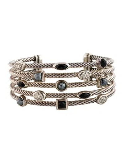 Pre-owned David Yurman Diamond, Onyx, & Hematine Five Row Confetti Cuff Bracelet, 6.5" In Metallic