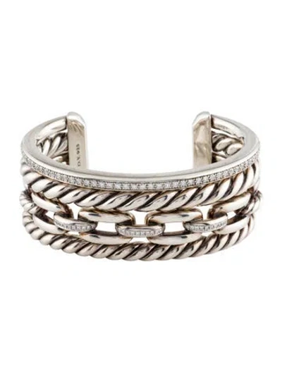Pre-owned David Yurman Diamond Wellesley Link Four-row Cuff Bracelet, 6.25" In Multi