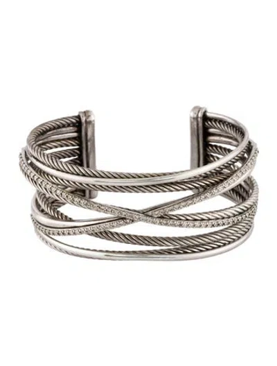 Pre-owned David Yurman Diamond Wide Crossover Multirow Cuff Bracelet, 6.5"