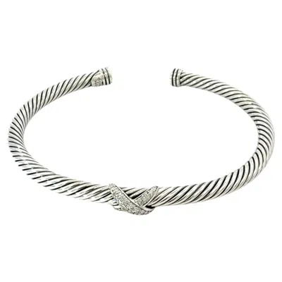 Pre-owned David Yurman Diamond X Cuff Bracelet Size M Silver 4 Mm Estate In Multi