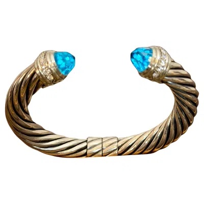 Pre-owned David Yurman Dy Cable Classics Bracelet Sterling Blue Topaz & Pave Diamond Hinged Bangle
