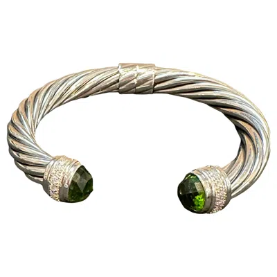 Pre-owned David Yurman Dy Cable Classics Bracelet Sterling Silver Peridot & Pave Diamond Hinged Bangle In Multi