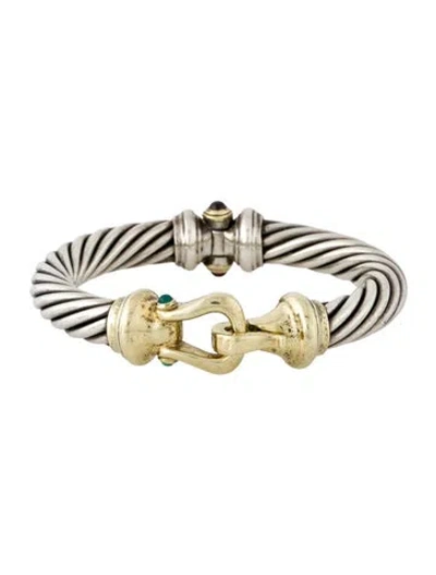Pre-owned David Yurman Dyed Chalcedony & Garnet Buckle Cable Bracelet, 6.5" In Multi