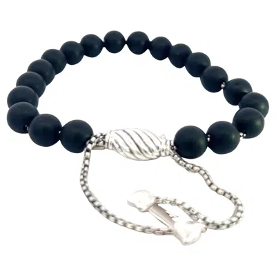 Pre-owned David Yurman Estate Onyx Polished Beads Bracelet 6.6 - 8.5" Silver 8 Mm In Black