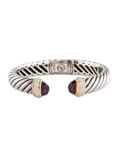 Pre-owned David Yurman Garnet & Diamond Waverly Cuff Bracelet, 6.5" In Multi