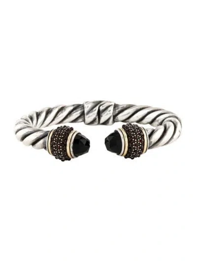 Pre-owned David Yurman Garnet & Onyx Renaissance Ostera Hinge Cuff, 6.5" In Multi