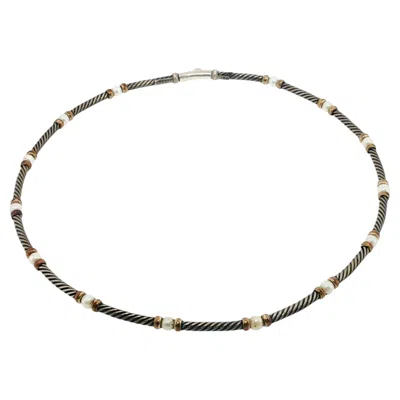 Pre-owned David Yurman Hampton Cable Pearl Station Choker Necklace In Silver And 14k In Multi