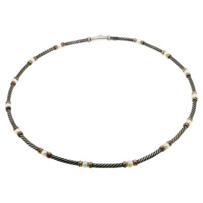 Pre-owned David Yurman Hampton Cable Pearl Station Choker Necklace In Silver And 14k In Multiple