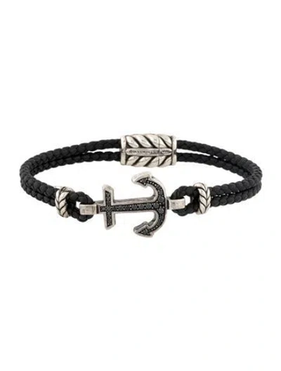 Pre-owned David Yurman Leather & Diamond Anchor Station Bracelet, 7.75" In Black