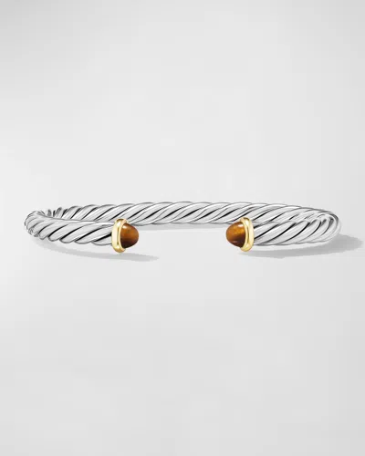 David Yurman Men's Cable Flex Cuff Bracelet With Gemstone And 14k Gold In Silver, 6mm In Tigers Eye
