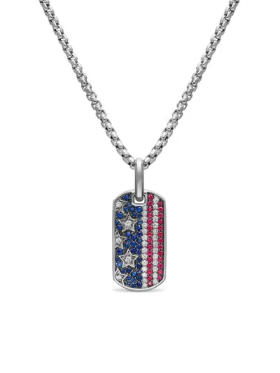 David Yurman Men's Chevron American Flag Tag In Sterling Silver With Sapphires, Diamonds, And Rubies, 27mm In Orange