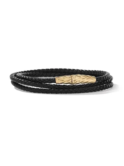 David Yurman Men's Chevron Triple Wrap Bracelet In Black Leather And 18k Yellow Gold, 3mm