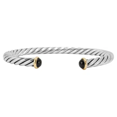 Pre-owned David Yurman Men's  14k Gold & 925 Silver 6mm Onyx Cable Cuff Bangle Bracelet In Black