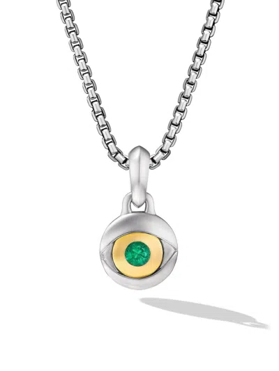 DAVID YURMAN MEN'S EVIL EYE AMULET IN STERLING SILVER WITH 18K YELLOW GOLD AND EMERALD, 14.5MM