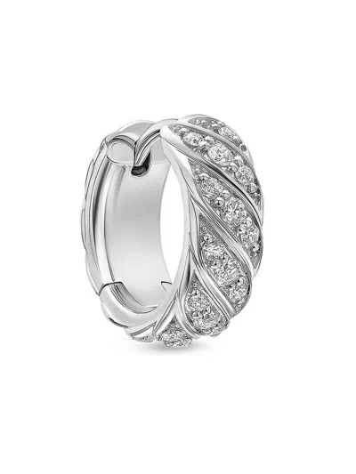 David Yurman Men's Sculpted Cable Hoop Earring In 18k White Gold With Diamonds, 12.8mm In Silver
