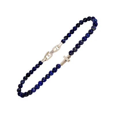 Pre-owned David Yurman Men's Sterling Silver Lapis Lazuli Cross Bracelet In Multi